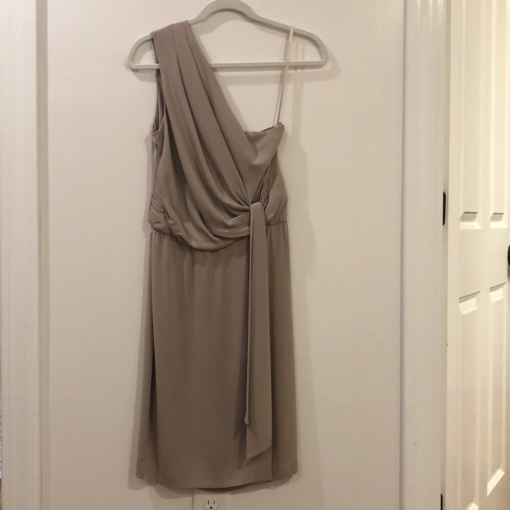 Taupe DVF one shoulder cocktail dress